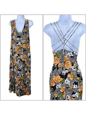 Vintage 90s Dress Plus 22W Hawaiian alt Floral Tropical Cheetah Strappy Back
